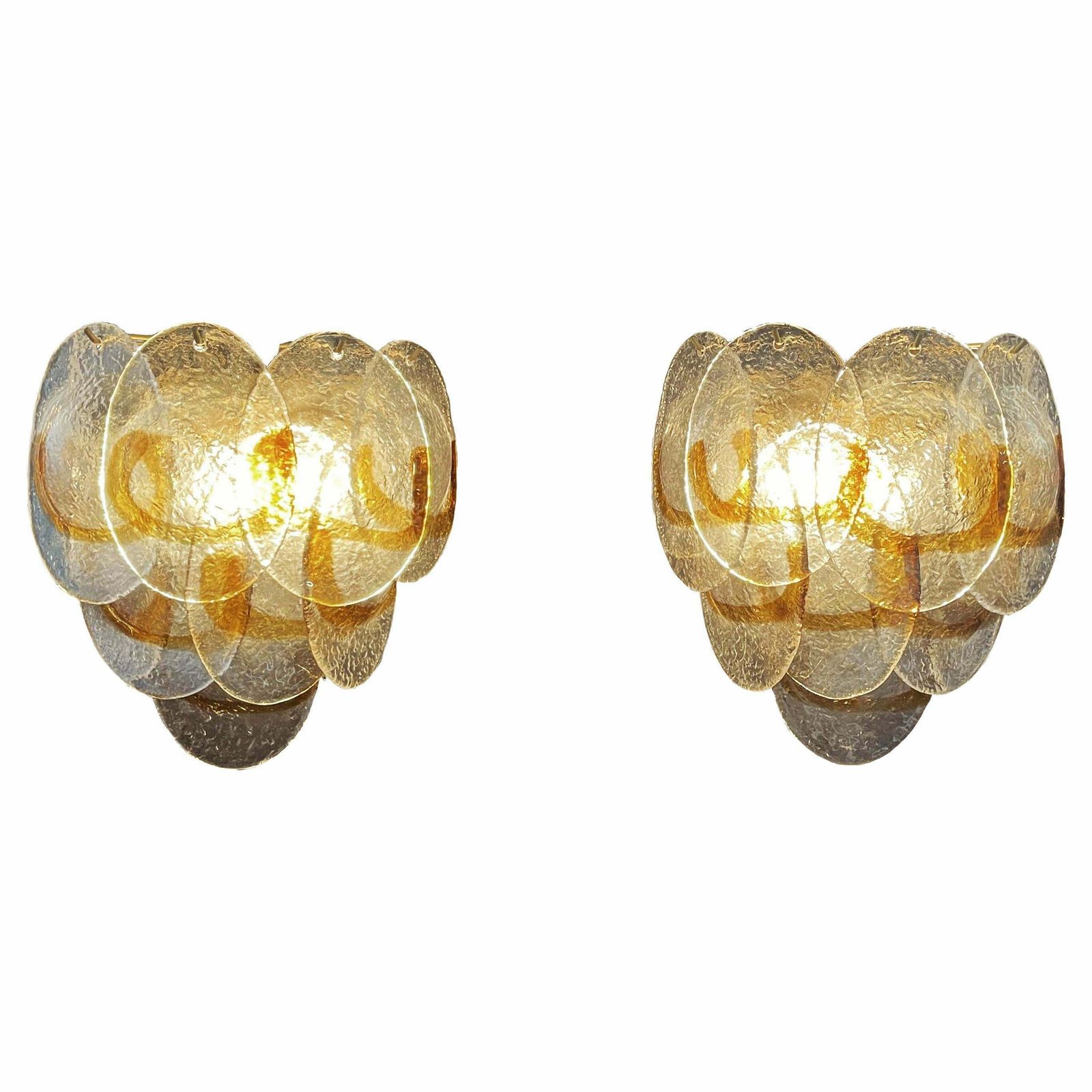 Amazing Pair Of Vintage Italian Murano Wall Lights  Trasparent And Amber Glass