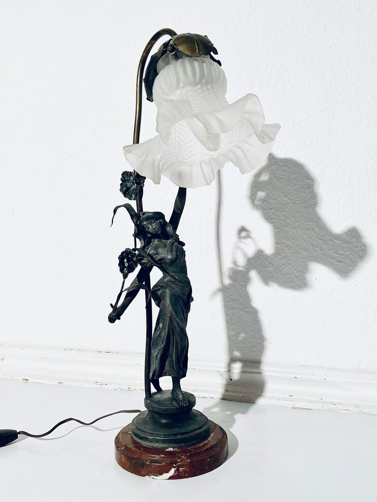Antique Art Nouveau Table Lamp Woman Figurine Flower Lamp Shade / 1900s France photo furniture