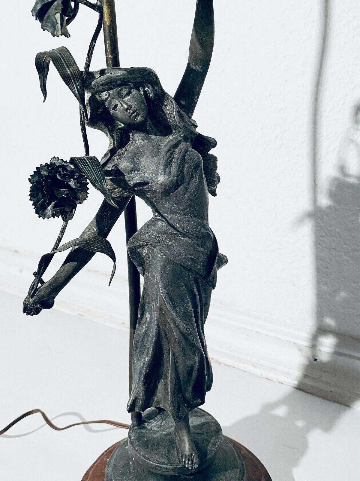 Antique Art Nouveau Table Lamp Woman Figurine Flower Lamp Shade / 1900s France photo for sale