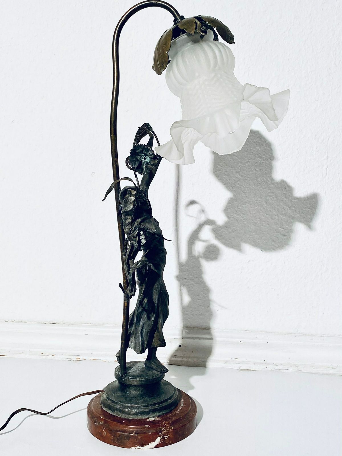 Antique Art Nouveau Table Lamp Woman Figurine Flower Lamp Shade / 1900s France photo 802.0