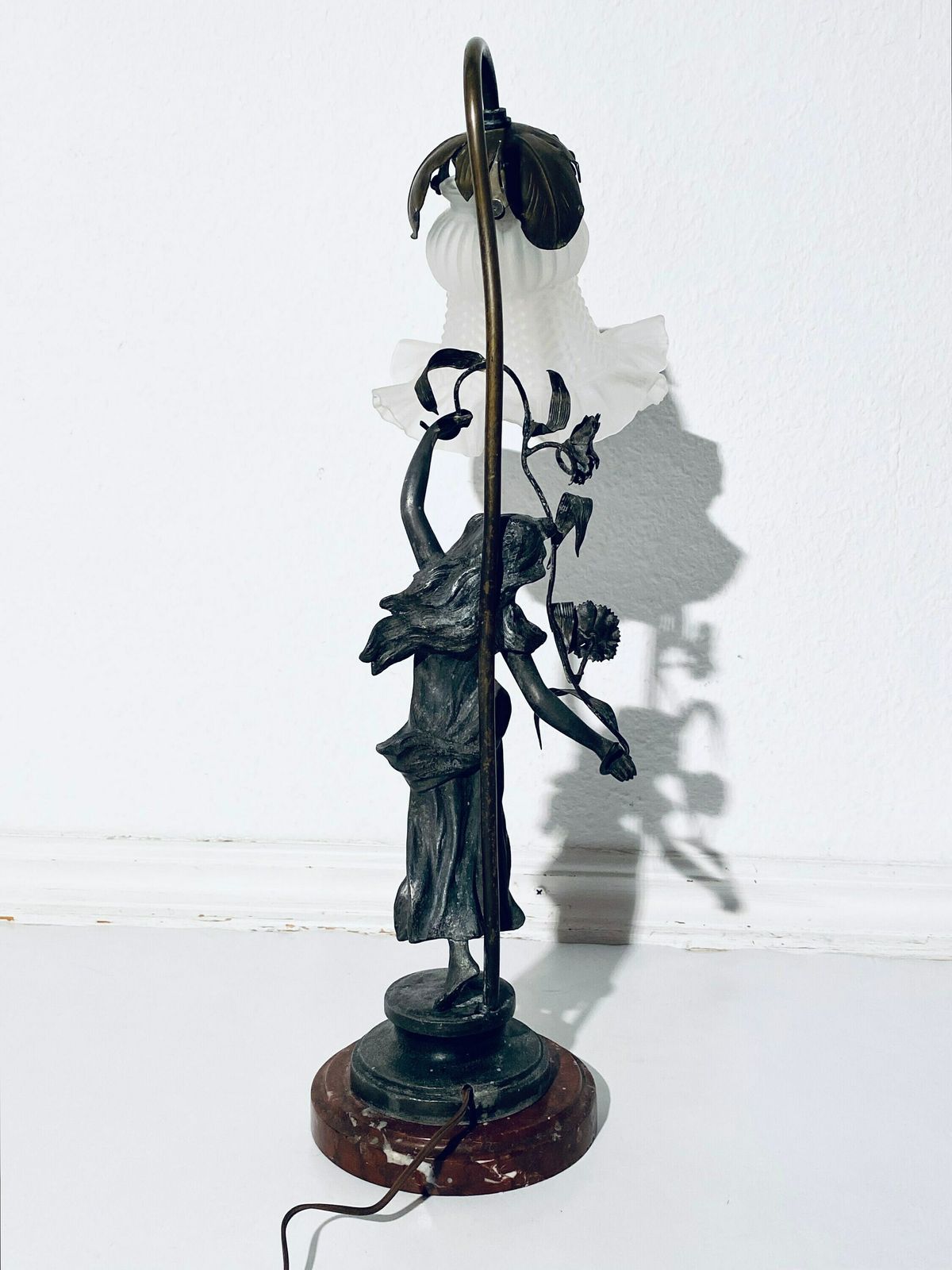 Antique Art Nouveau Table Lamp Woman Figurine Flower Lamp Shade / 1900s France photo vinterior