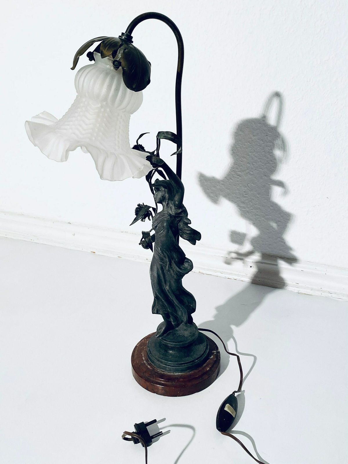 Antique Art Nouveau Table Lamp Woman Figurine Flower Lamp Shade / 1900s France photo buy