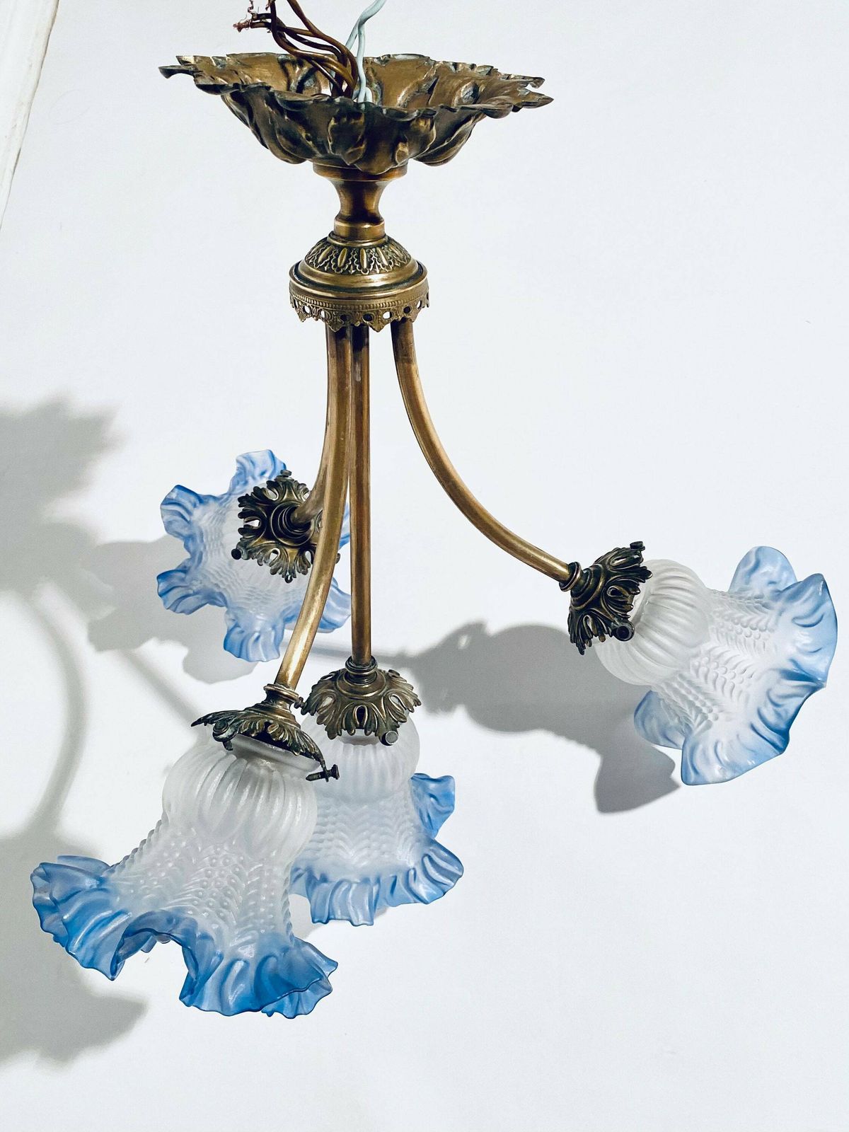 Antique Art Nouveau Ceiling Lamp Blue Flower Lamp Hanging Shade / 1900s France photo 748.0