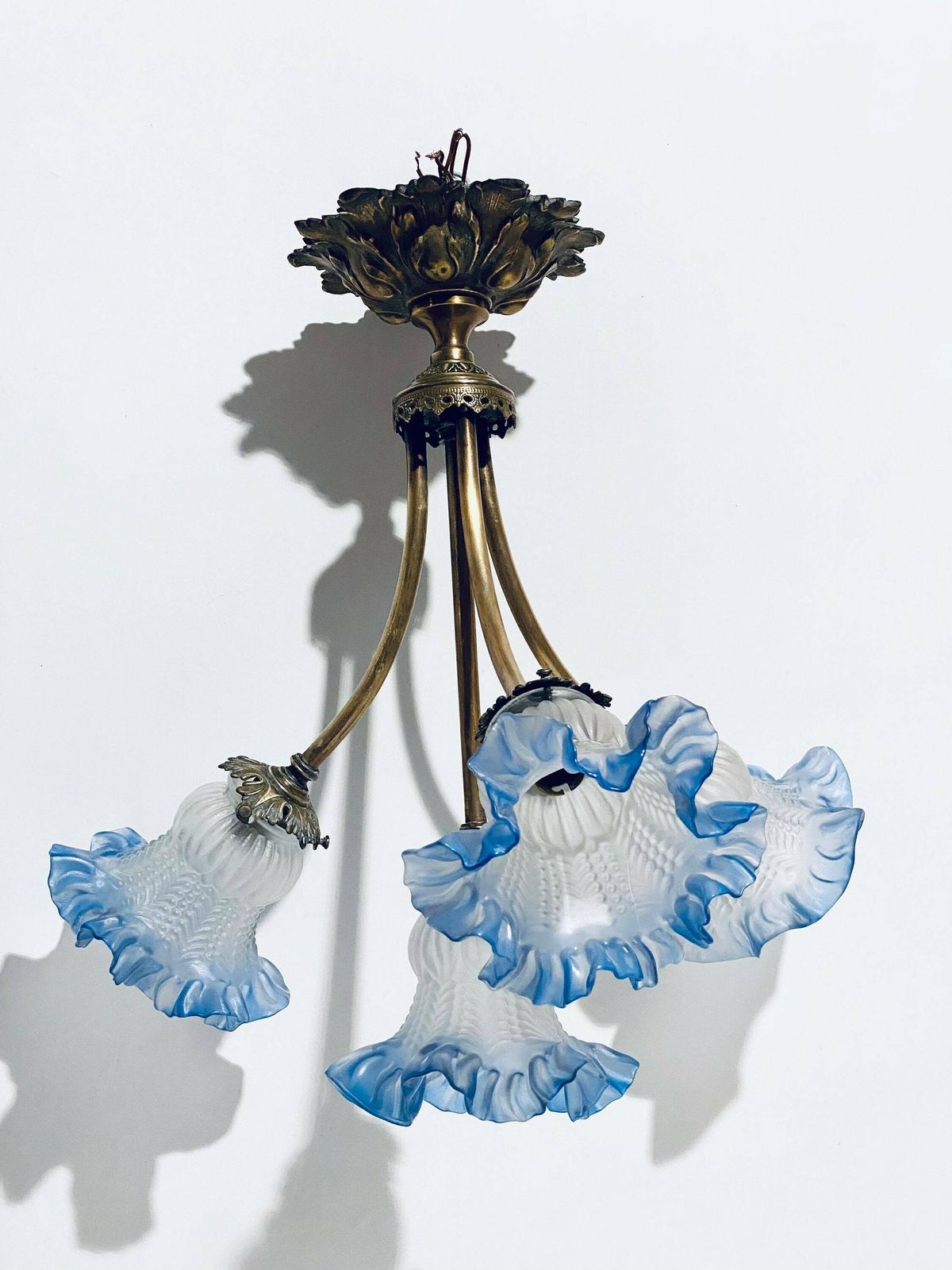 Antique Art Nouveau Ceiling Lamp Blue Flower Lamp Hanging Shade / 1900s France photo vinterior