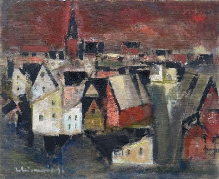 Laimdots Murnieks Old City 1980s, Oil On Cardboard,Circa 1980