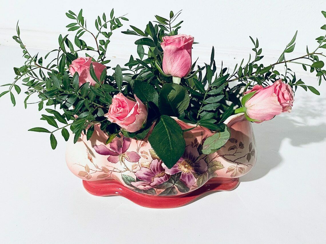 Large Art Nouveau Faiencerie Fives Lille De Bruyn Rectangular Floral Motif Ceramic Planter / 1900s French Majolica photo furniture
