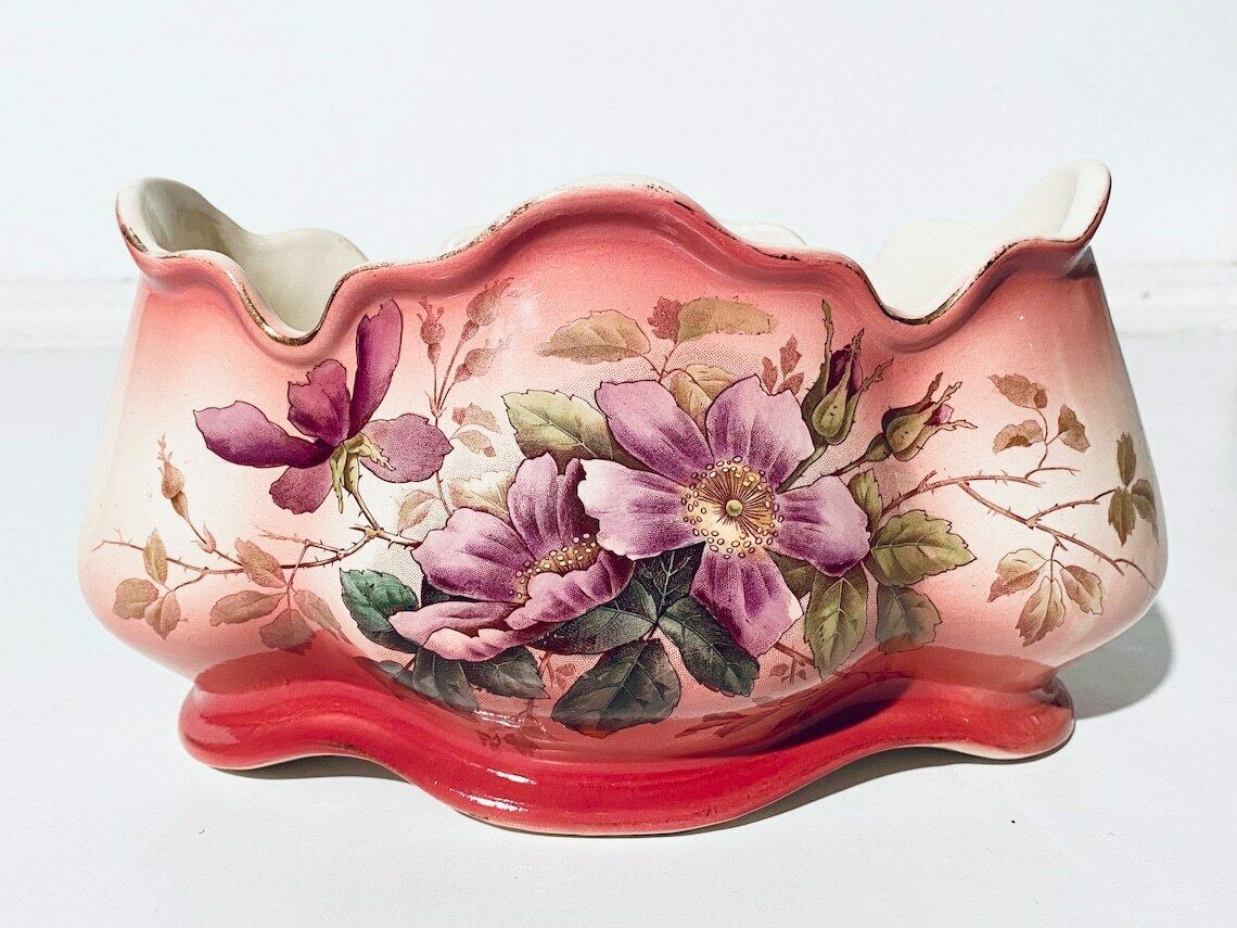 Large Art Nouveau Faiencerie Fives Lille De Bruyn Rectangular Floral Motif Ceramic Planter / 1900s French Majolica photo for sale