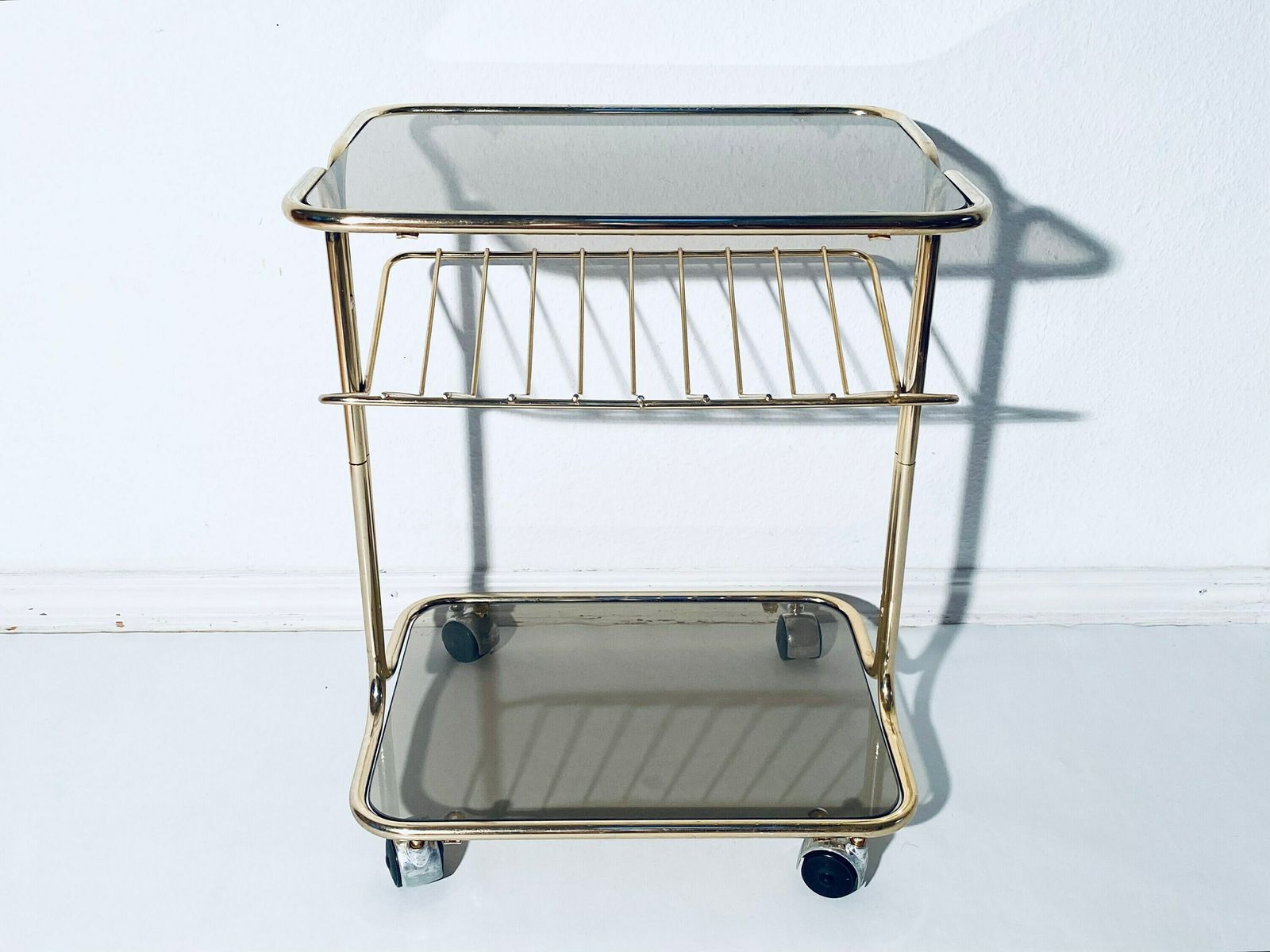 1970s Gold Smoked Glass Shelving Trolley / Vintage Space Age Home Decor photo for sale