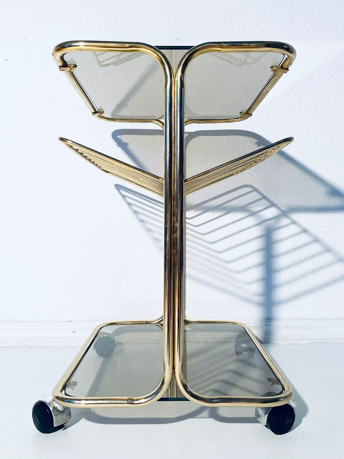 1970s Gold Smoked Glass Shelving Trolley / Vintage Space Age Home Decor photo vinterior