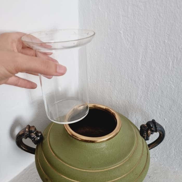 Vase In Metal, Wood And Engraved Glass. Swedish Grace, 1930s. photo vintage