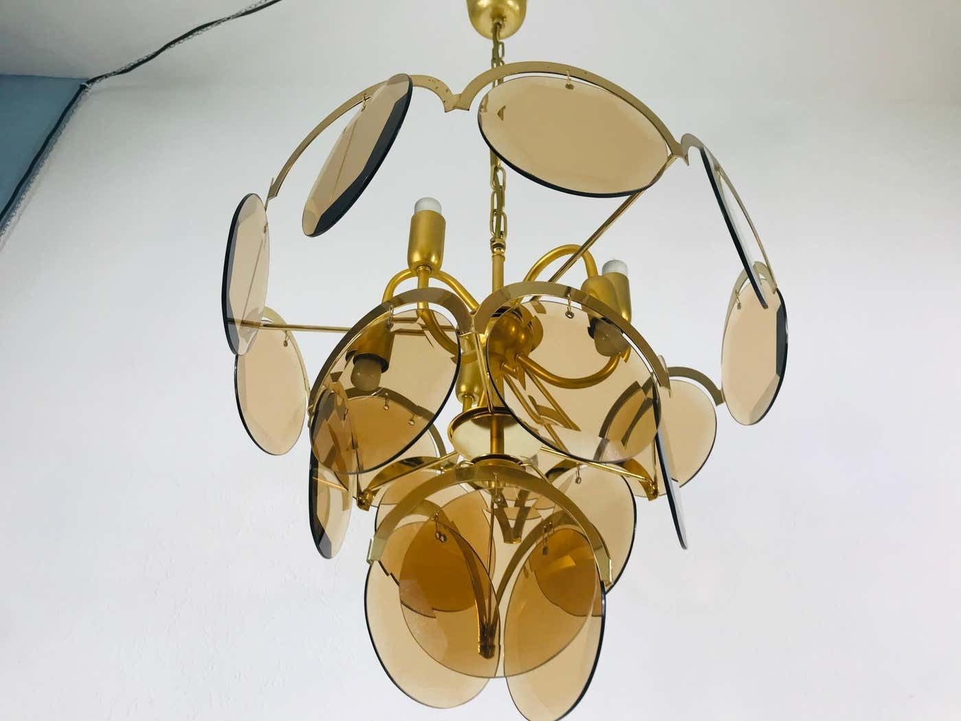 photo furniture Midcentury Three Tier Brass And Glass Chandelier By Vistosi, 1960s