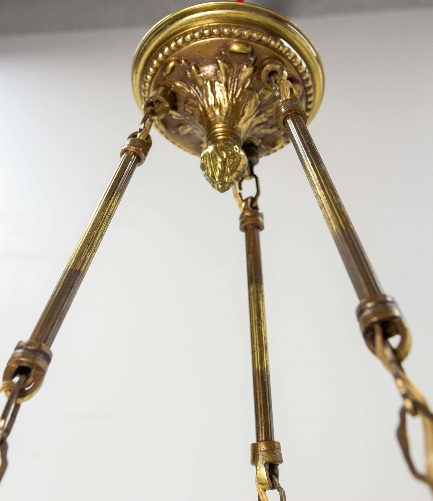 photo for sale French Art Deco Chandelier Frozen Glass & Brass Ceiling Pendant, Circa 1930