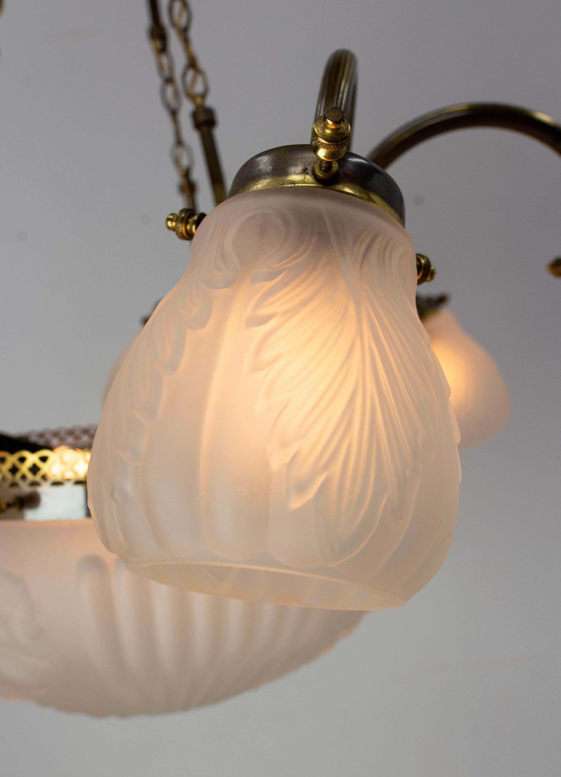 photo buy French Art Deco Chandelier Frozen Glass & Brass Ceiling Pendant, Circa 1930