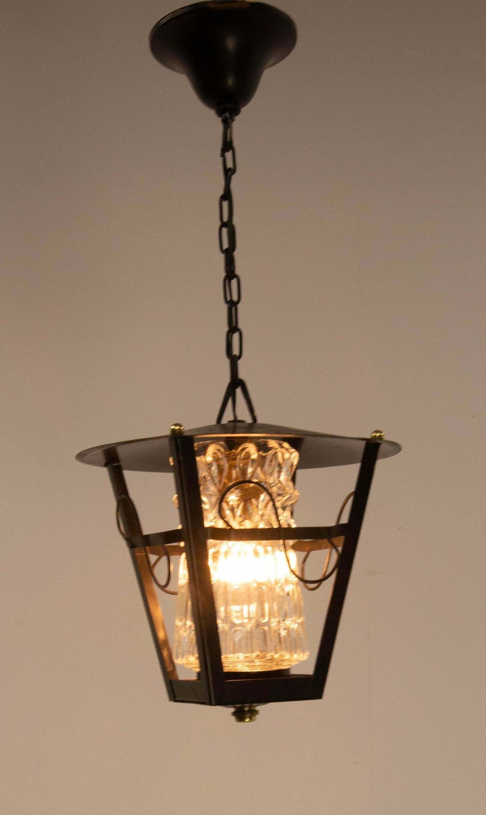Iron And Glass Ceiling Lamp Lustre French Lantern, Circa 1960 photo for sale