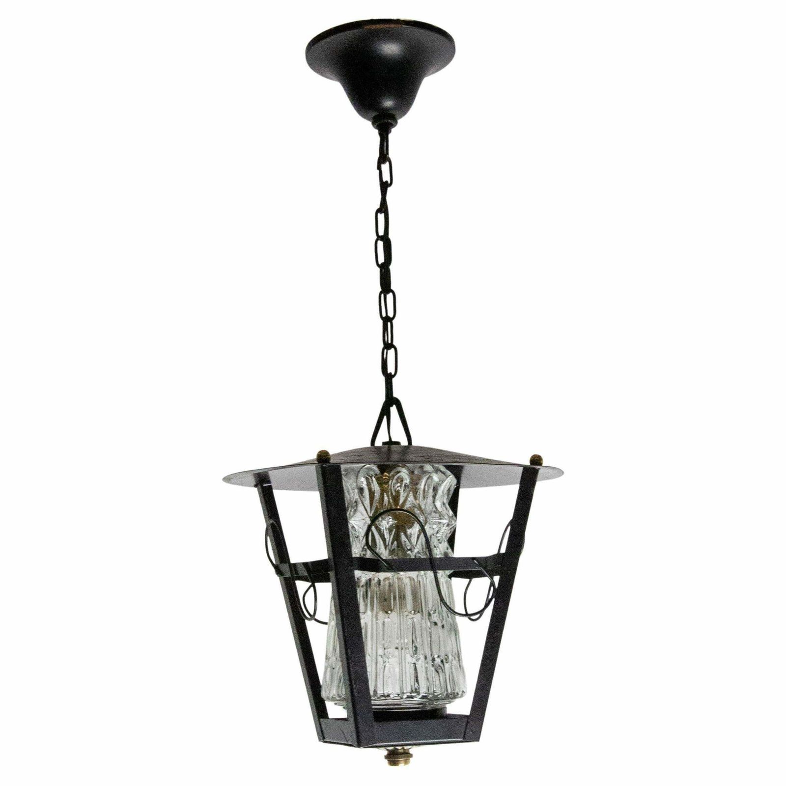 Iron And Glass Ceiling Lamp Lustre French Lantern, Circa 1960 photo buy