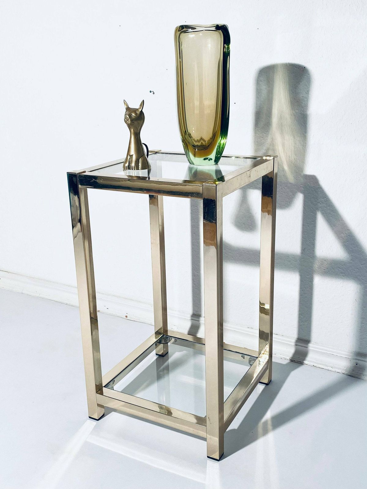 1970s Italian Gold Glass Shelves Stand Sofa Table / Vintage Home Decor photo furniture