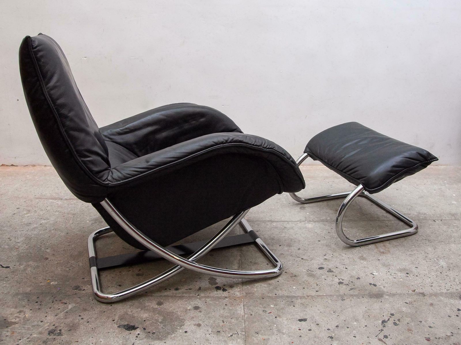 Robert Haussmann Style Chrome Rocking Lounge Chair With Footstool, 1980s photo furniture
