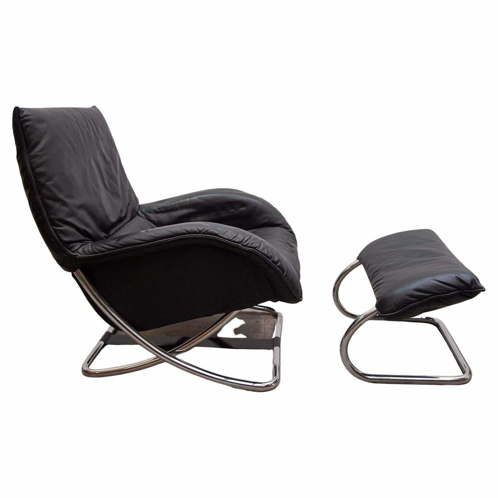 Robert Haussmann Style Chrome Rocking Lounge Chair With Footstool, 1980s photo for sale