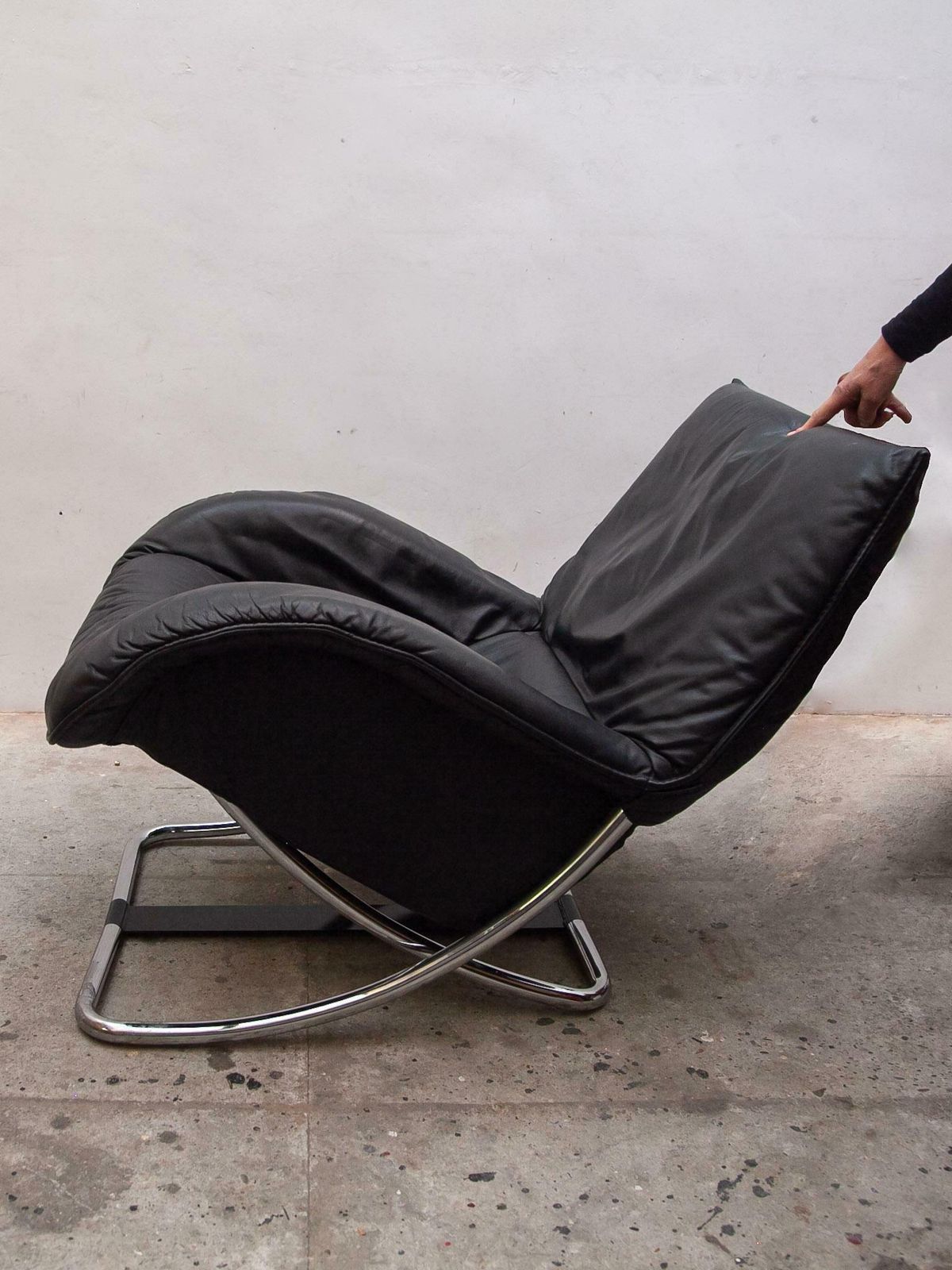 Robert Haussmann Style Chrome Rocking Lounge Chair With Footstool, 1980s photo vintage