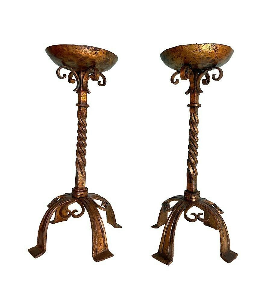 A Pair Of 1920s Spanish Ecclesiastical Gilt Wrought Iron Candle Sticks photo Home Decor