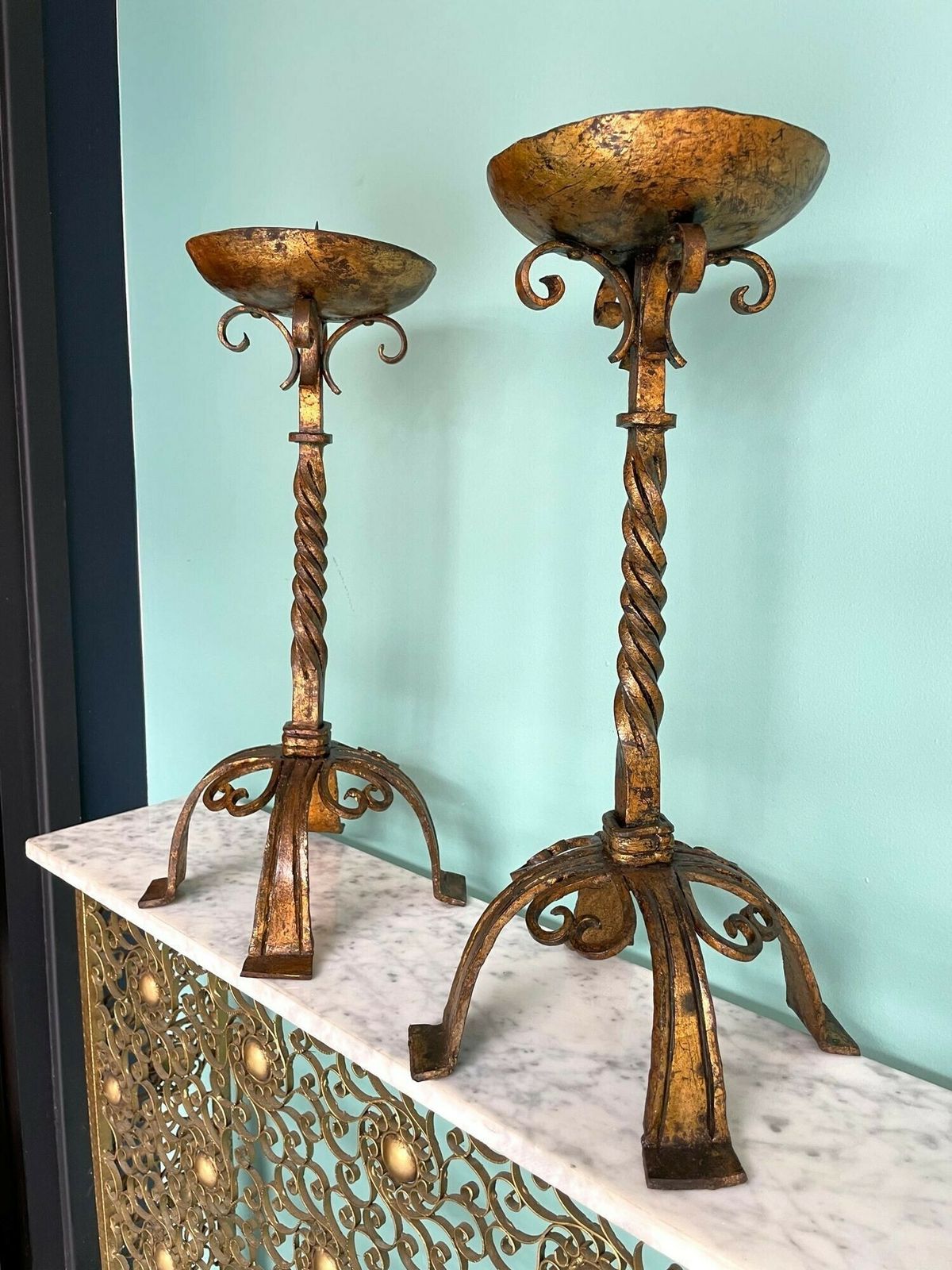 A Pair Of 1920s Spanish Ecclesiastical Gilt Wrought Iron Candle Sticks photo 950.0