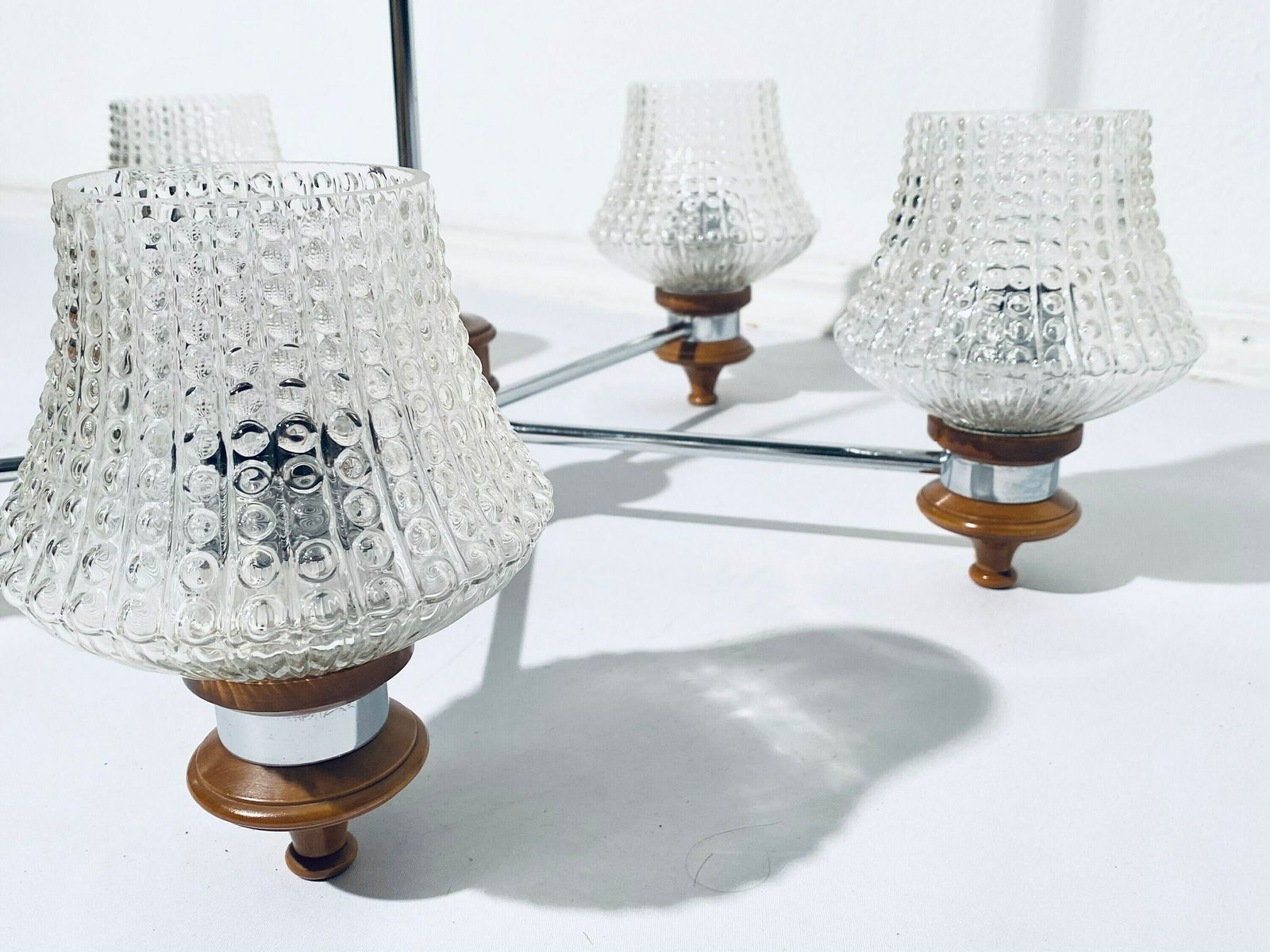 Mid Century Chandelier Ceiling Lamp Wood And Frosted Glass / Vintage Decor 1960s photo Lighting