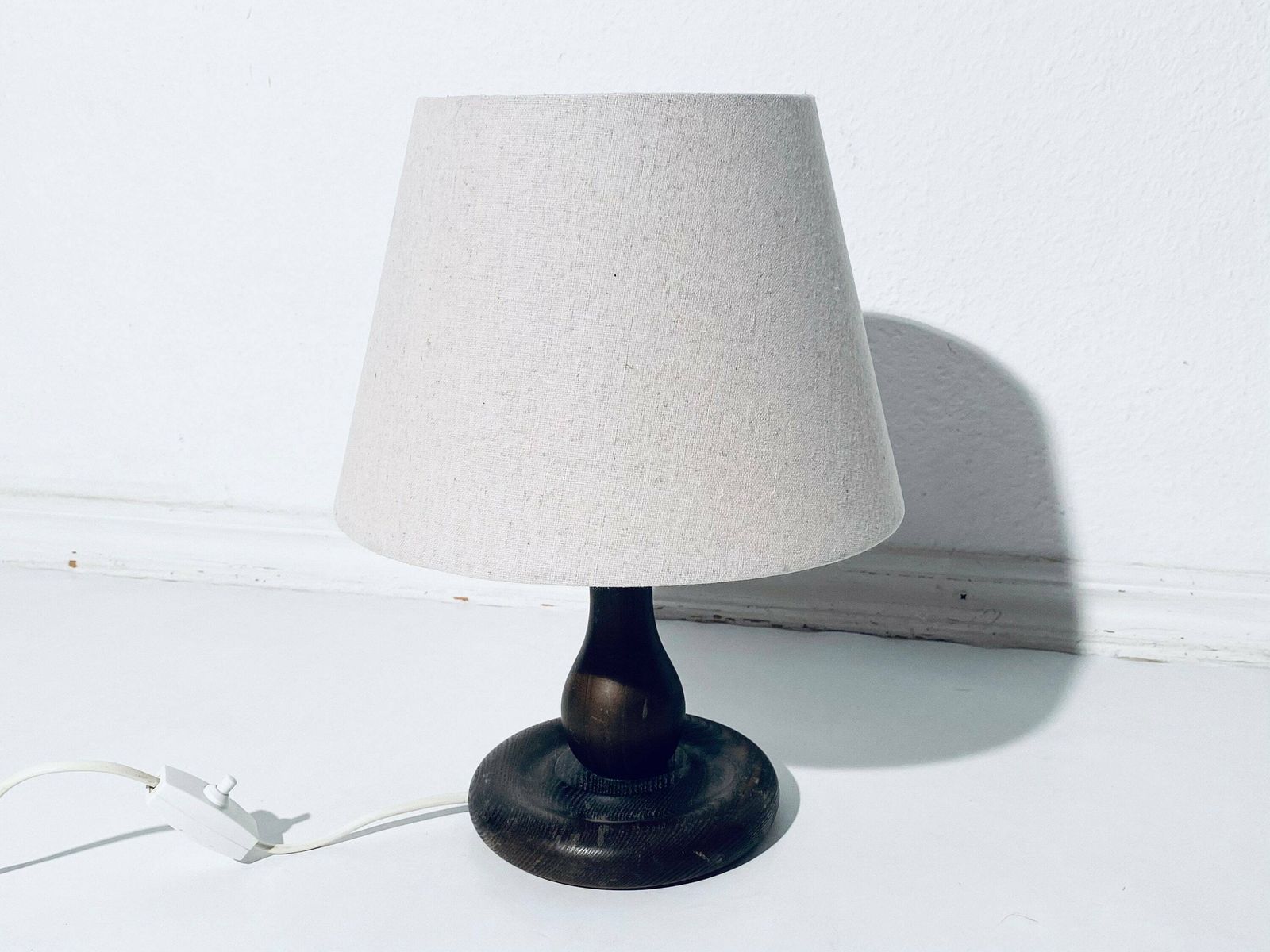 Vintage Wooden Table Lamp With Wide Conical Gray Fabric Lamp Shade / Classic Decor Bedroom Livingroom