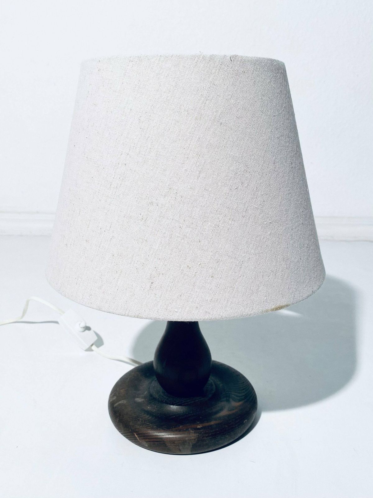 Vintage Wooden Table Lamp With Wide Conical Gray Fabric Lamp Shade / Classic Decor Bedroom Livingroom photo furniture