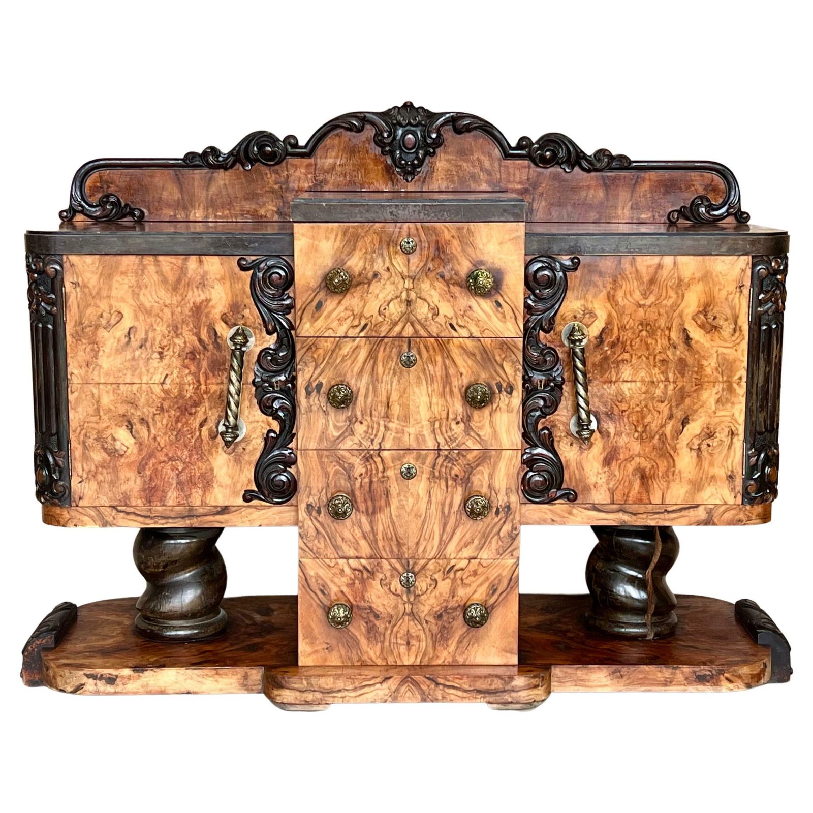 Art Deco Sideboard Or Buffet Burr & Ebonized Walnut Bookmatched, Spain