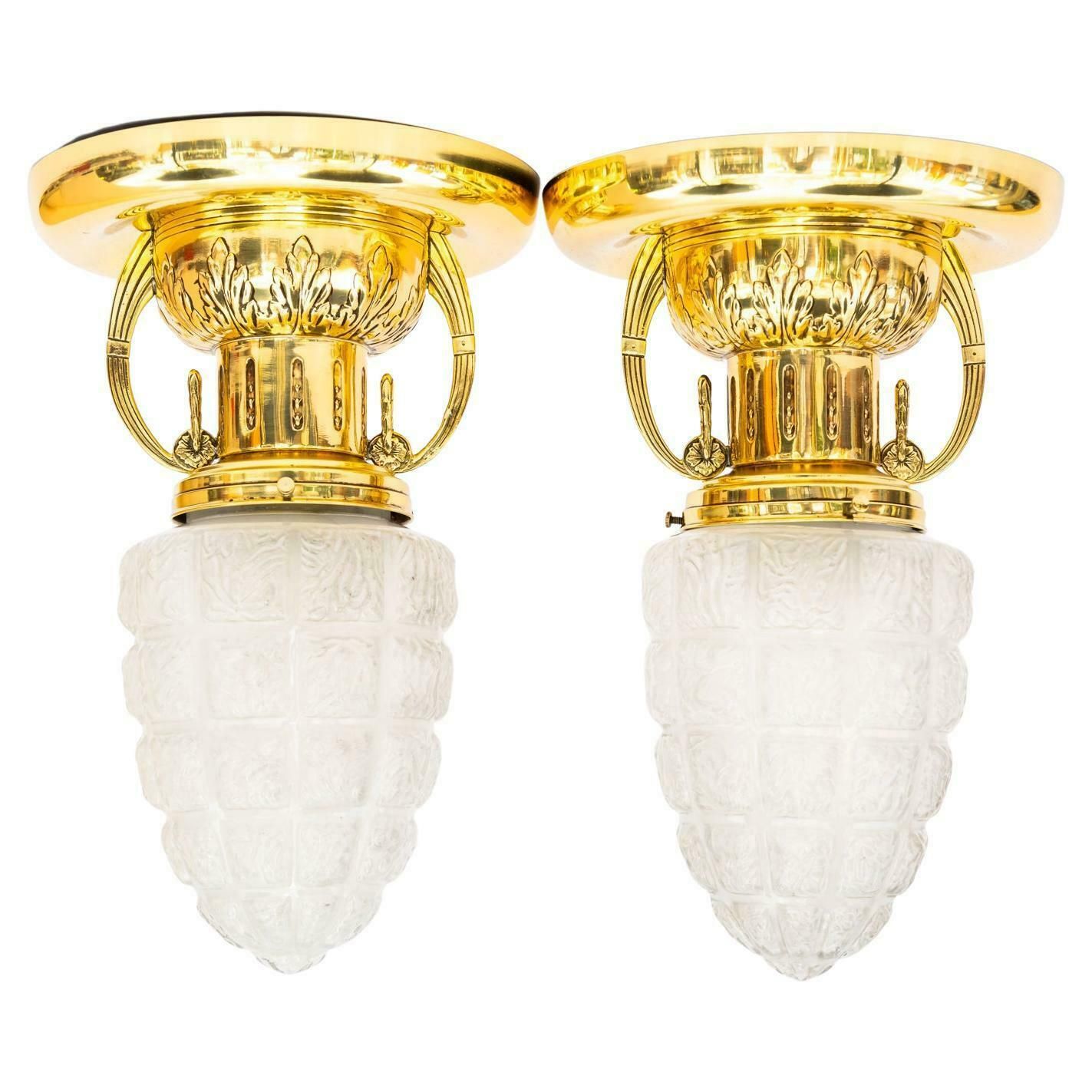 2 Art Deco Ceiling Lamps With Original Glass Shades Vienna Around 1920s