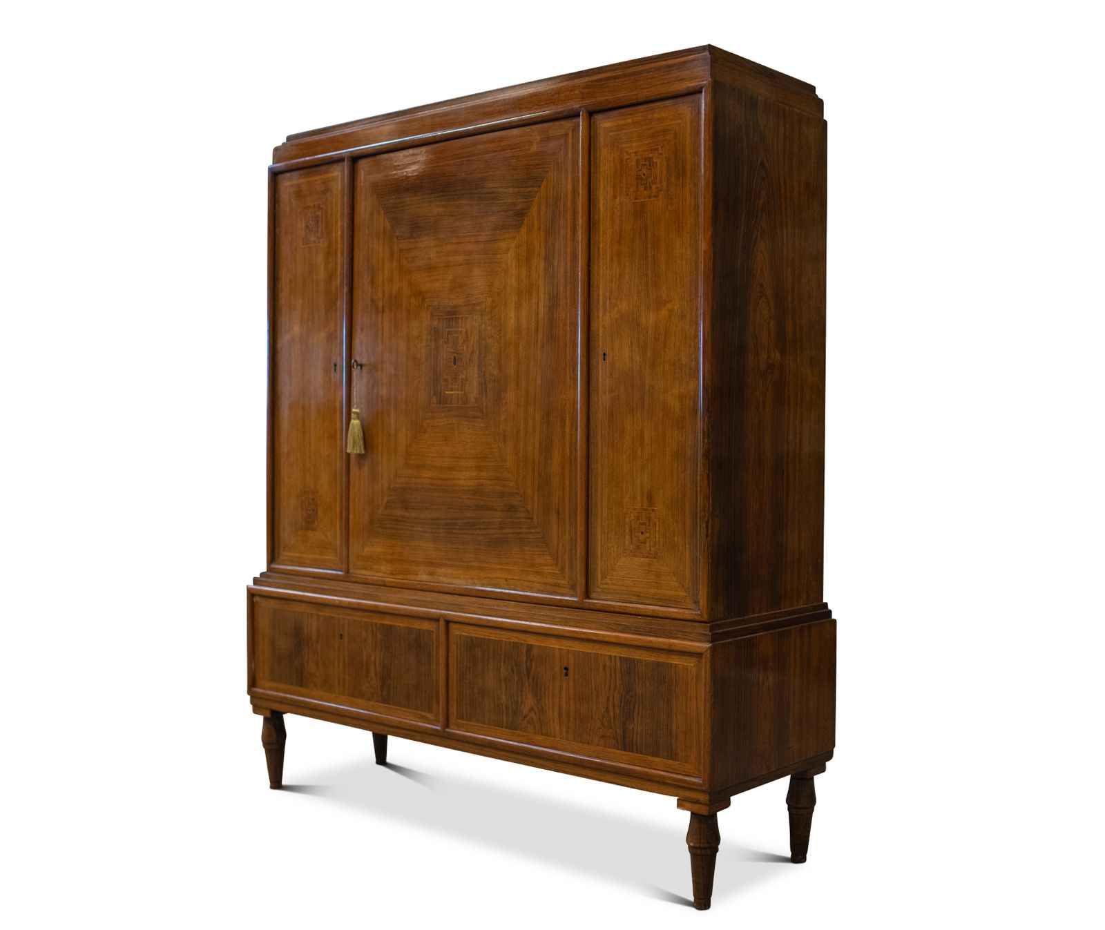 A Grand Rosewood Three Doored Fitted Salon Cabinet With Geometrically Veneered Fronts Raised On Turned Tapering Legs Ol photo furniture