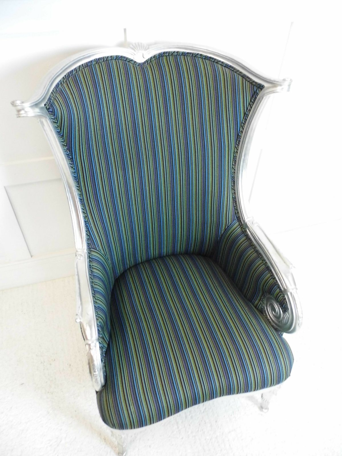 Designer Throne Carved Frame Stylish Statement Armchair Stripe Fabric Wing Back photo Furniture