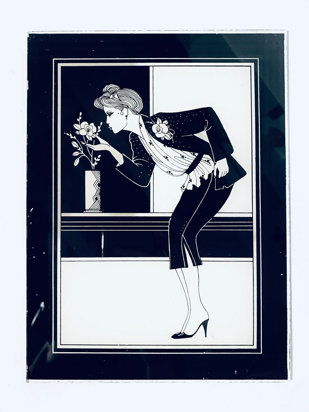 Art Deco Glass Picture Lady With Flowers Motif / 1920s France photo furniture