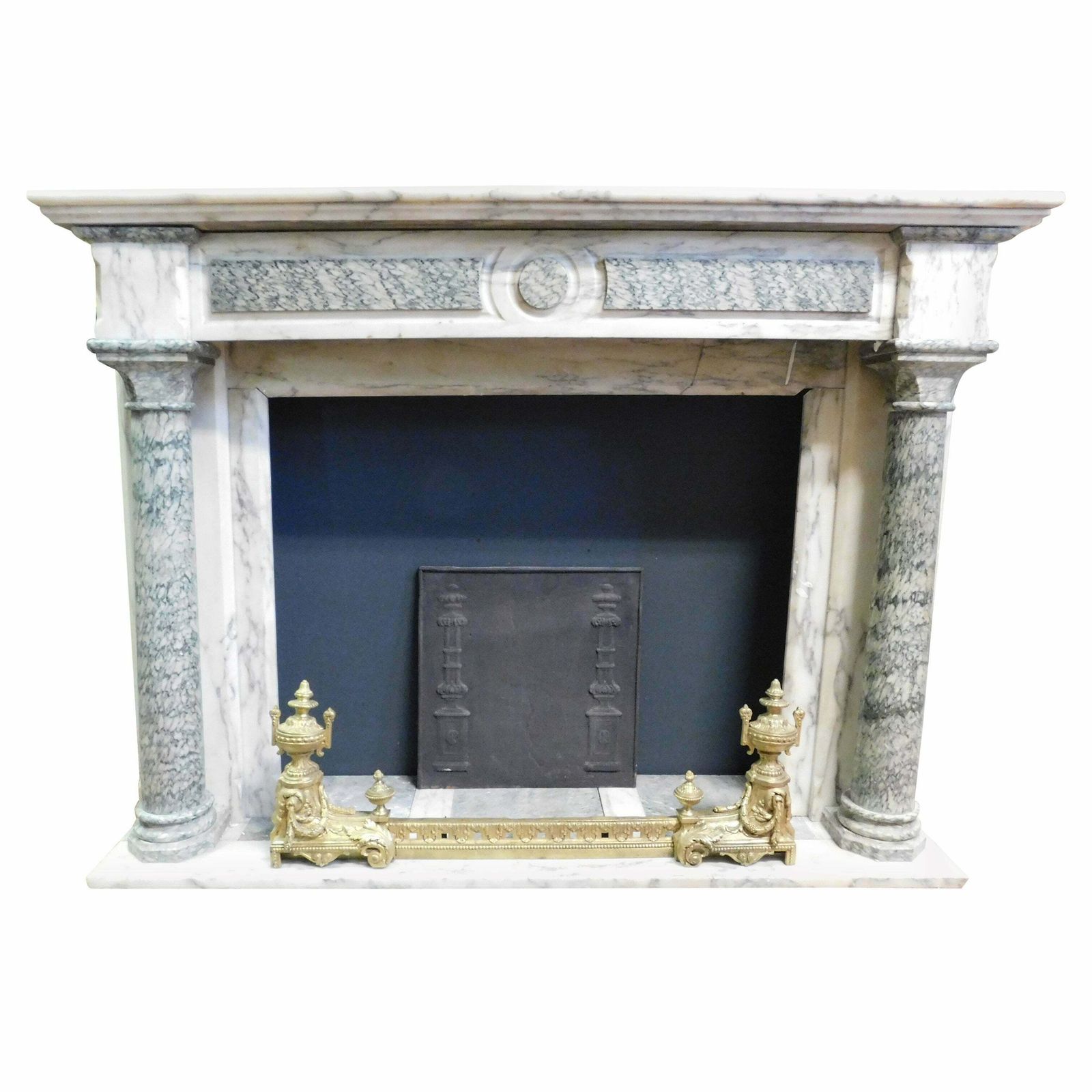Fireplace Mantle In White And Green Marble, Carved Column, France