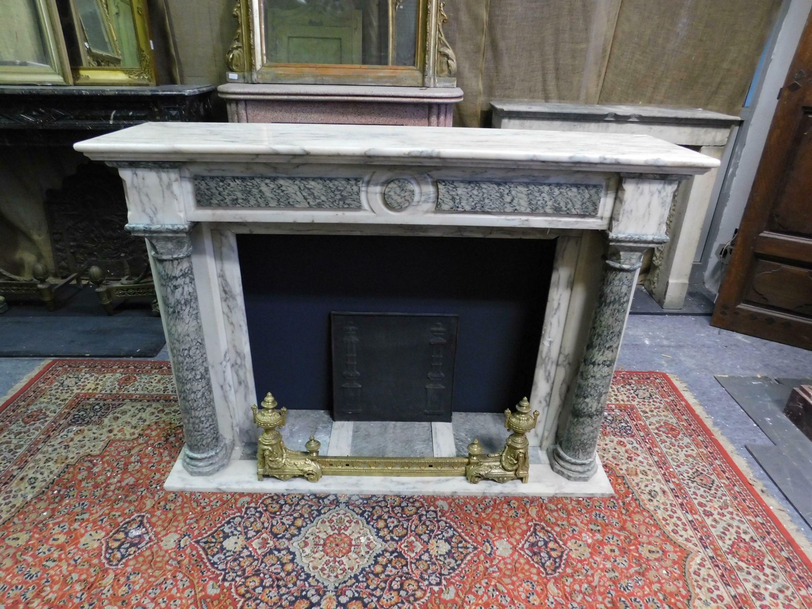 Fireplace Mantle In White And Green Marble, Carved Column, France photo for sale