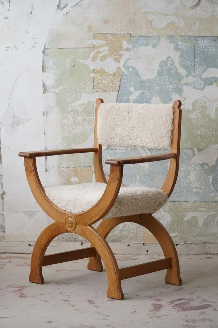 photo for sale Henning Kjærnulf, Danish Modern, Armchair In Oak And Lambswool, 1960s