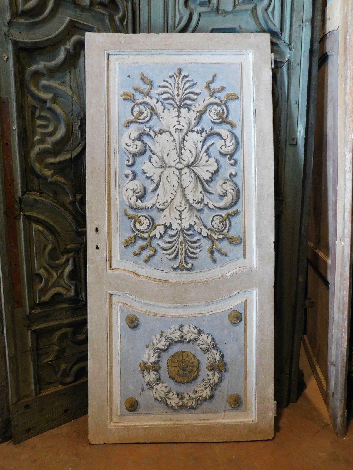 Lacquered And Painted Door With Baroque Motifs, Blue And Gray, Italy photo for sale