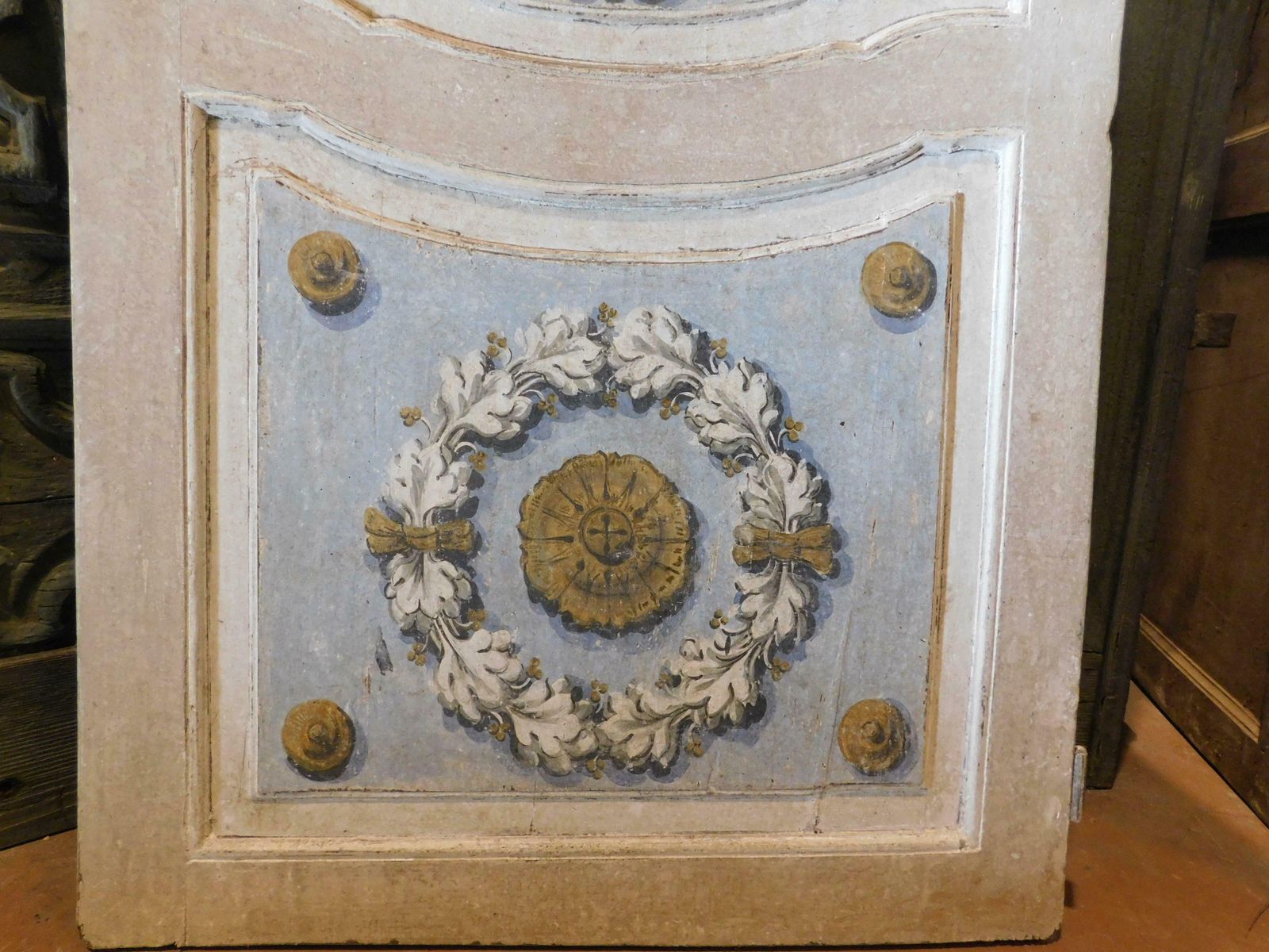 Lacquered And Painted Door With Baroque Motifs, Blue And Gray, Italy photo vinterior