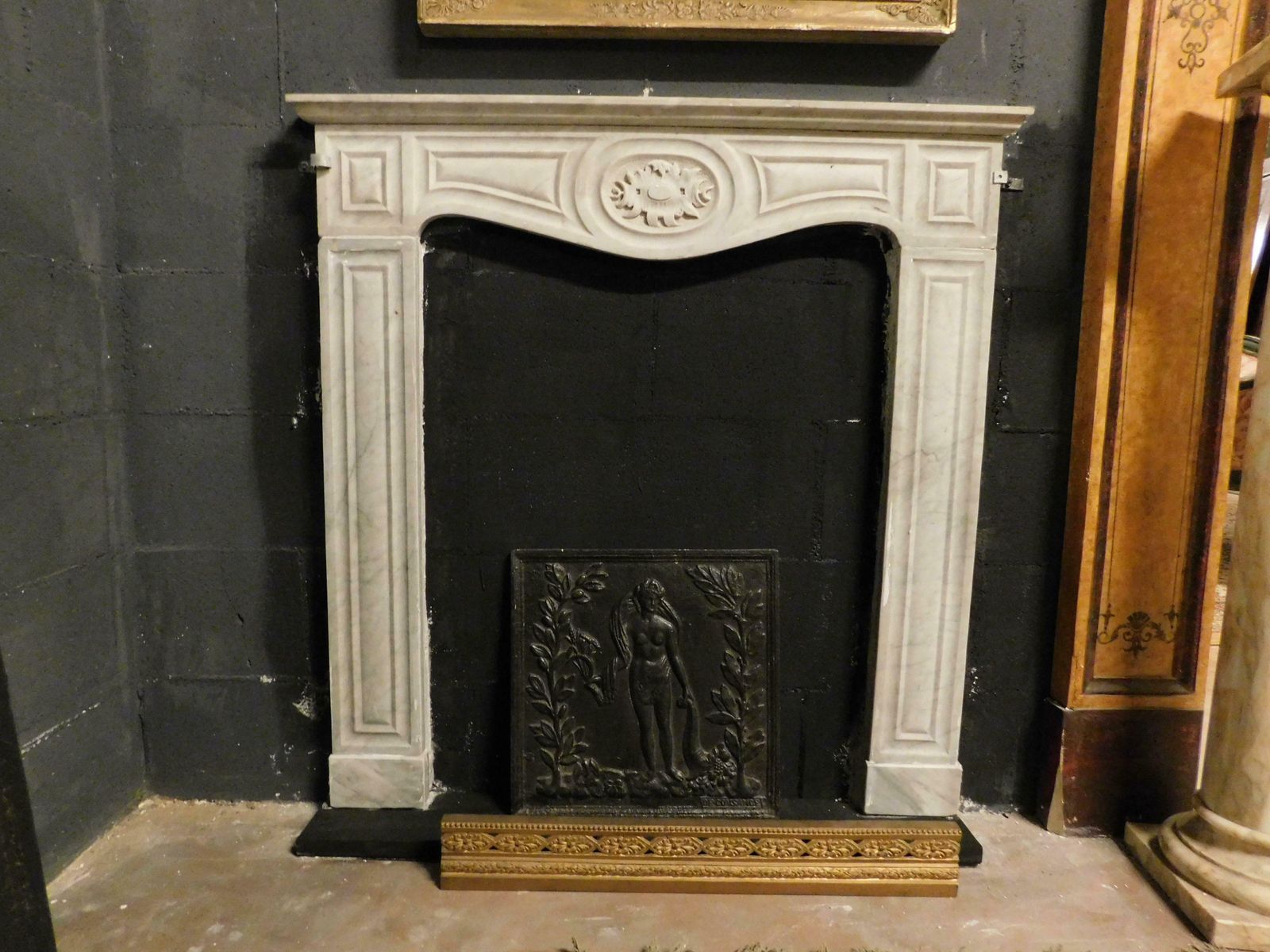 Fireplace Mantle Thin Frame, Carved In White Carrara Marble, Italy photo for sale