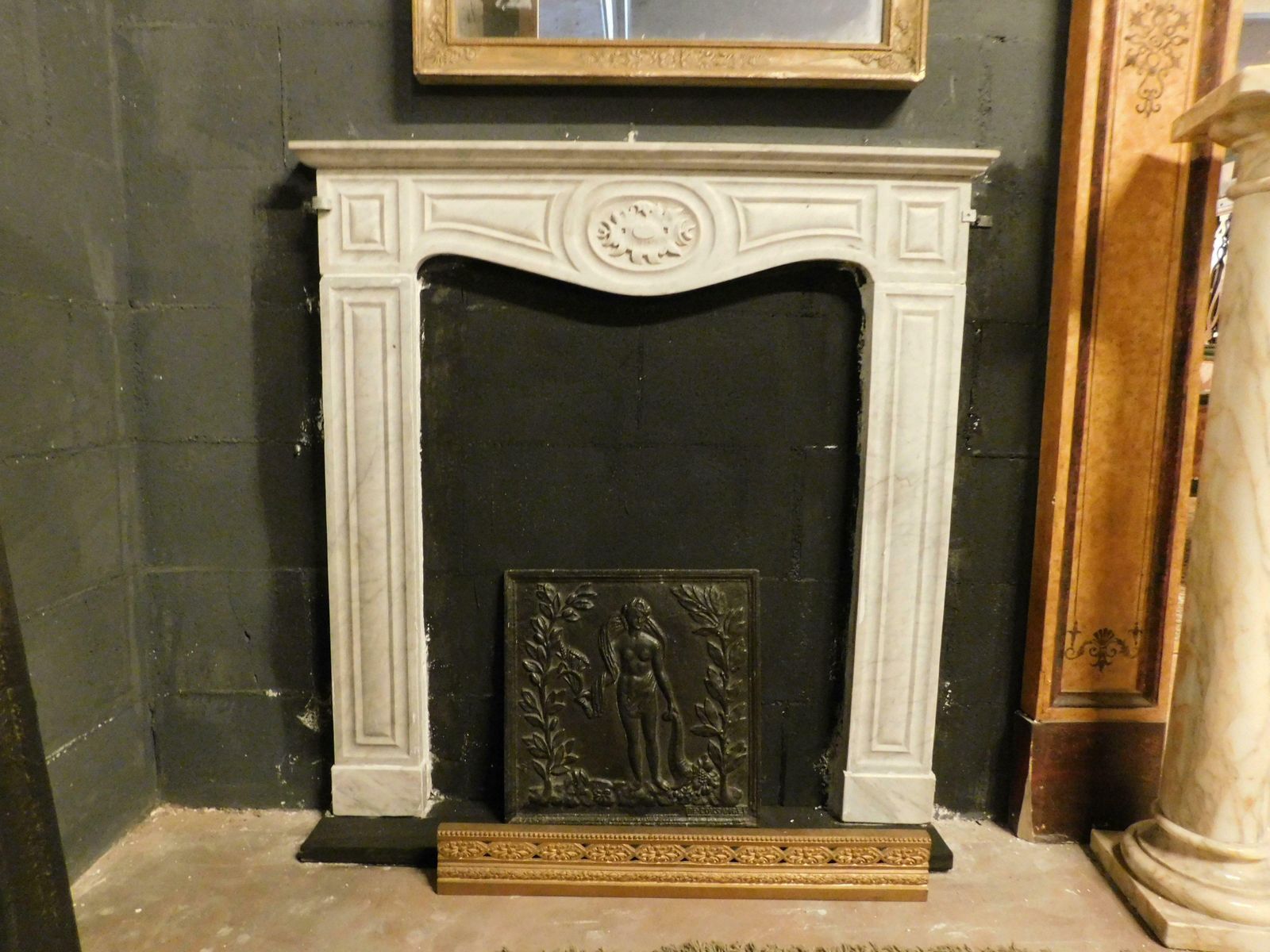 Fireplace Mantle Thin Frame, Carved In White Carrara Marble, Italy photo vintage