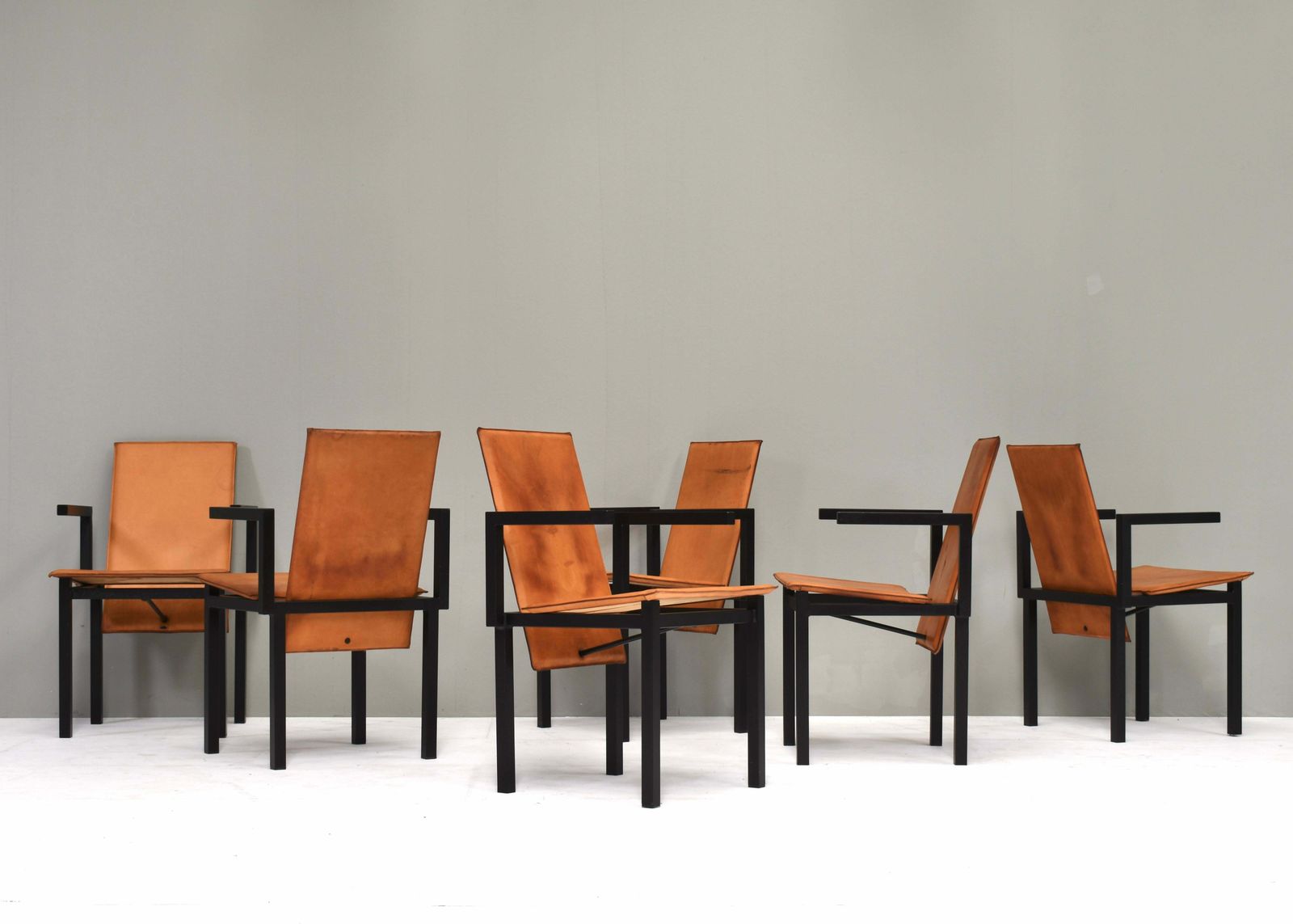 Unique One Of A Kind Set Of Six Dining Chairs In Tan Cognac Leather, Circa 1970 photo 6926.0