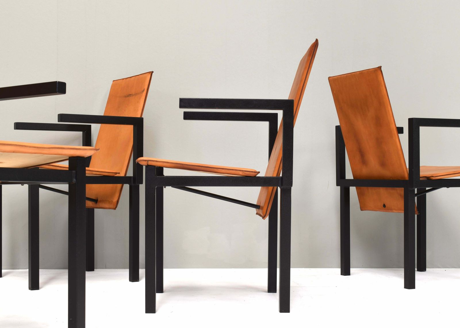 Unique One Of A Kind Set Of Six Dining Chairs In Tan Cognac Leather, Circa 1970 photo vinterior