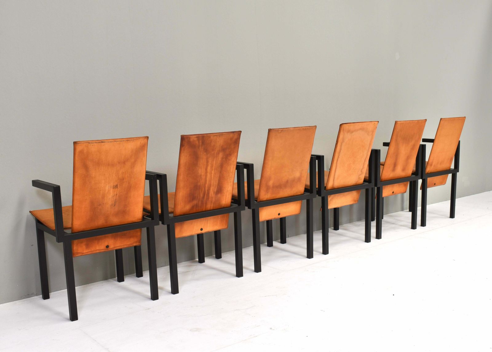 Unique One Of A Kind Set Of Six Dining Chairs In Tan Cognac Leather, Circa 1970 photo vintage