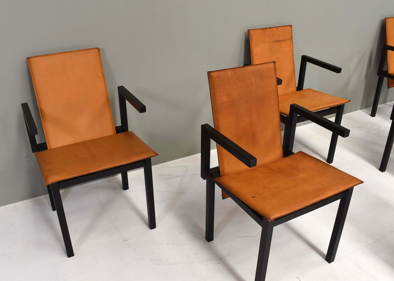 photo furniture Unique One Of A Kind Set Of Six Dining Chairs In Tan Cognac Leather, Circa 1970