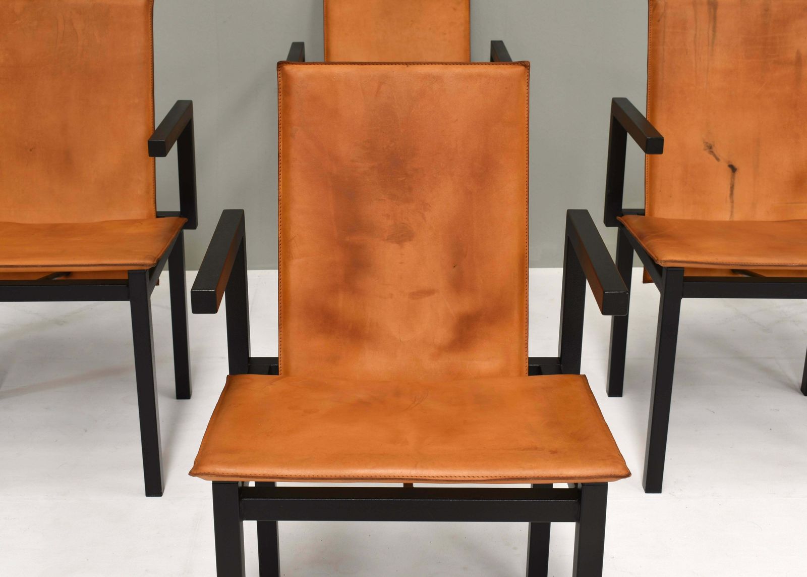 Furniture Unique One Of A Kind Set Of Six Dining Chairs In Tan Cognac Leather, Circa 1970 photo