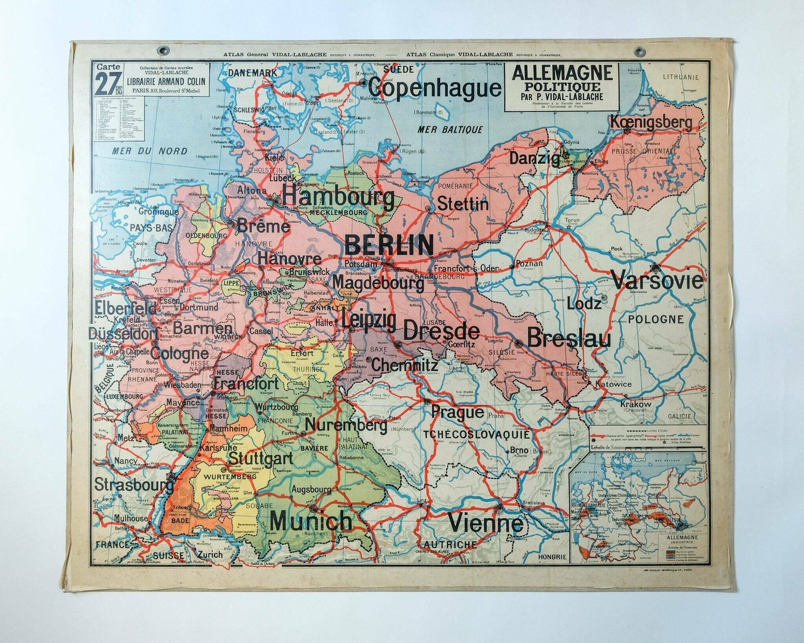 Original Mid Century Large Vintage French Educational School Wall Chart Germany Map Deutschland Vidal Lablache