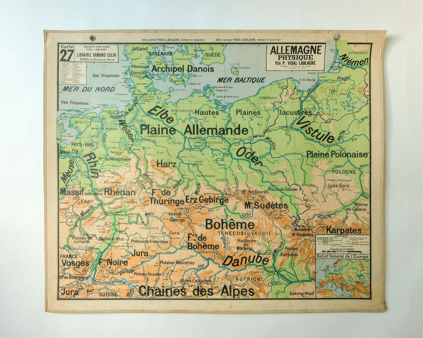 Original Mid Century Large Vintage French Educational School Wall Chart Germany Map Deutschland Vidal Lablache photo 376.0