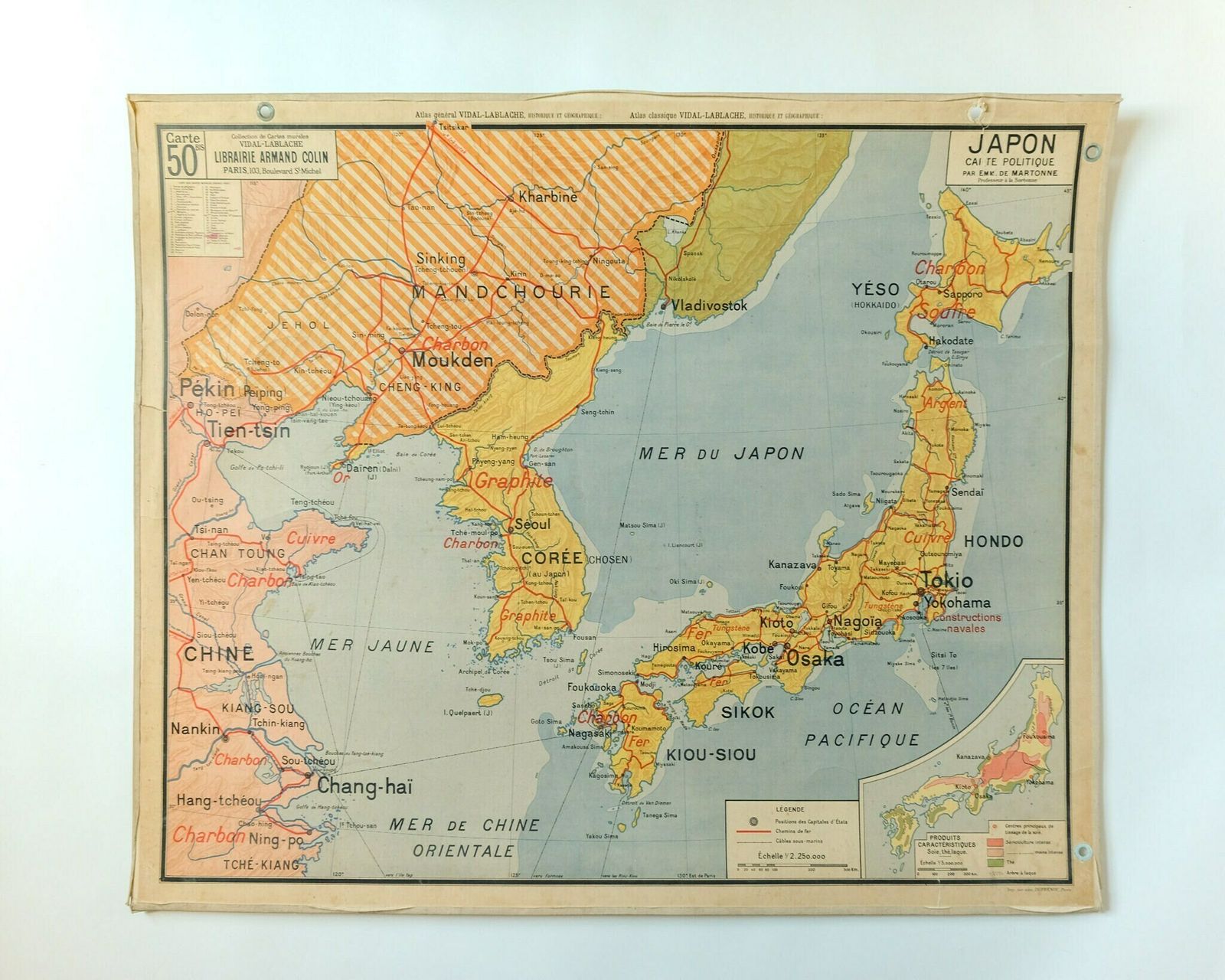 Original Mid Century Large Vintage French Educational School Wall Chart Japan Korea Korean Peninsula Map Vidal Lablache