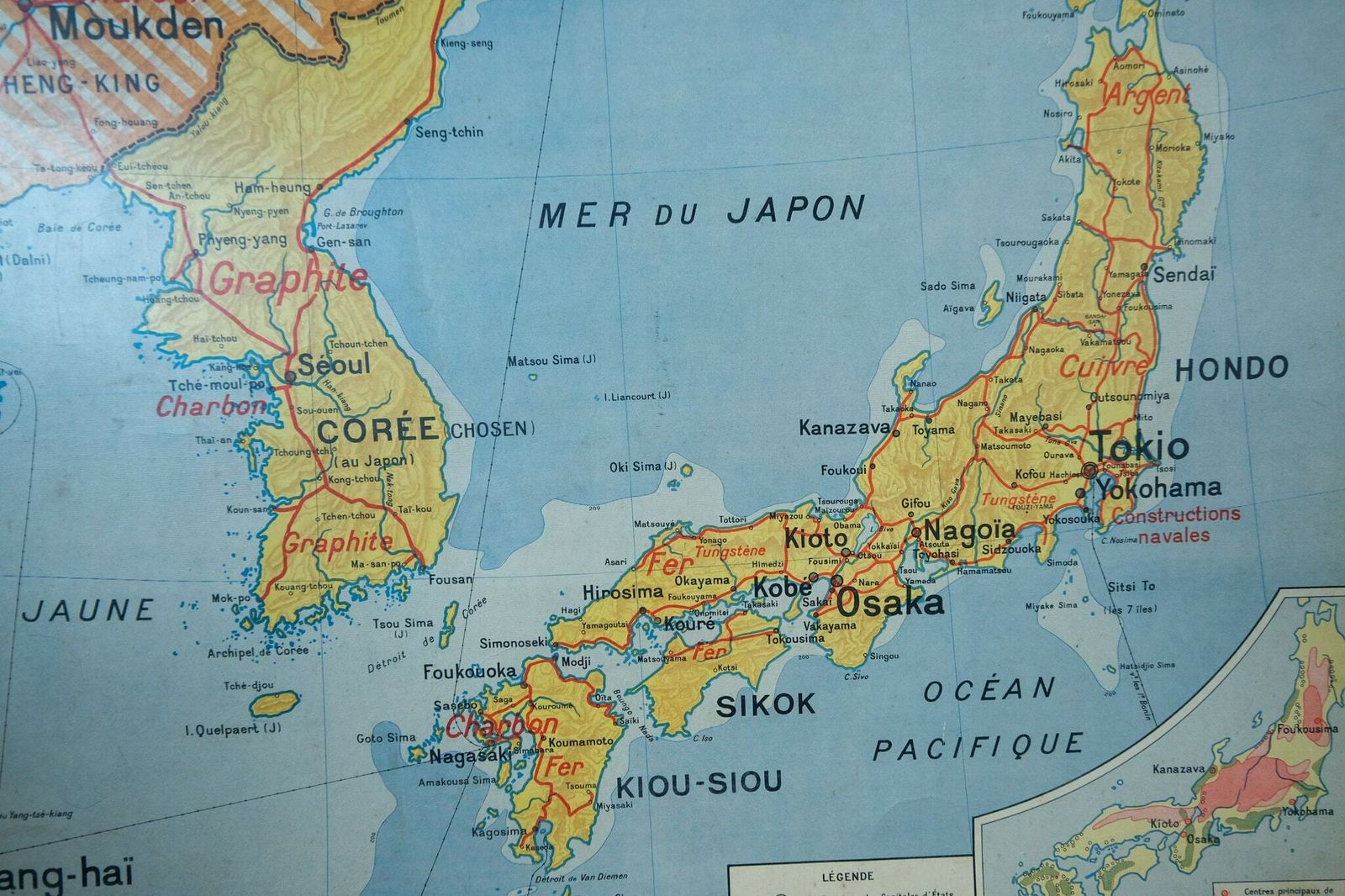 Original Mid Century Large Vintage French Educational School Wall Chart Japan Korea Korean Peninsula Map Vidal Lablache photo furniture
