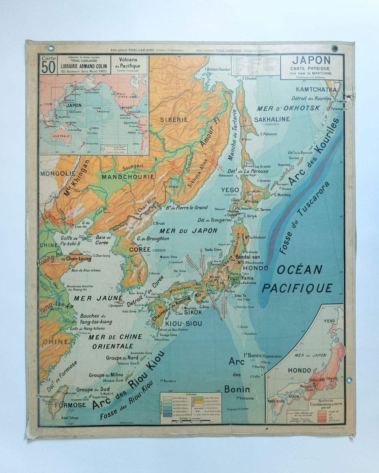 Original Mid Century Large Vintage French Educational School Wall Chart Japan Korea Korean Peninsula Map Vidal Lablache photo 309.0